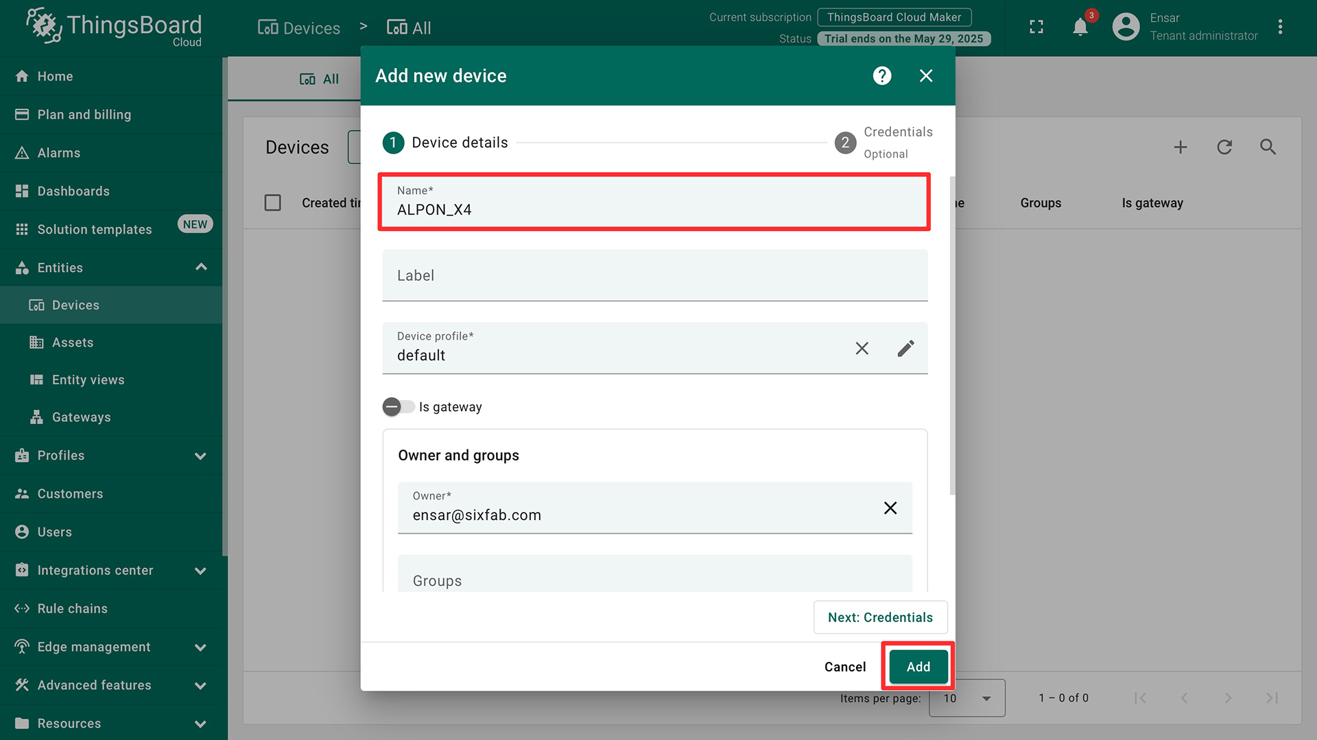 Create Device on ThingsBoard 3