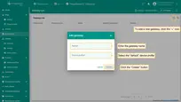 点击右上角 「+」 图标添加新网关。在 「Name」 字段输入网关名称，选择 「default」 设备配置。点击 「Create」 按钮。
