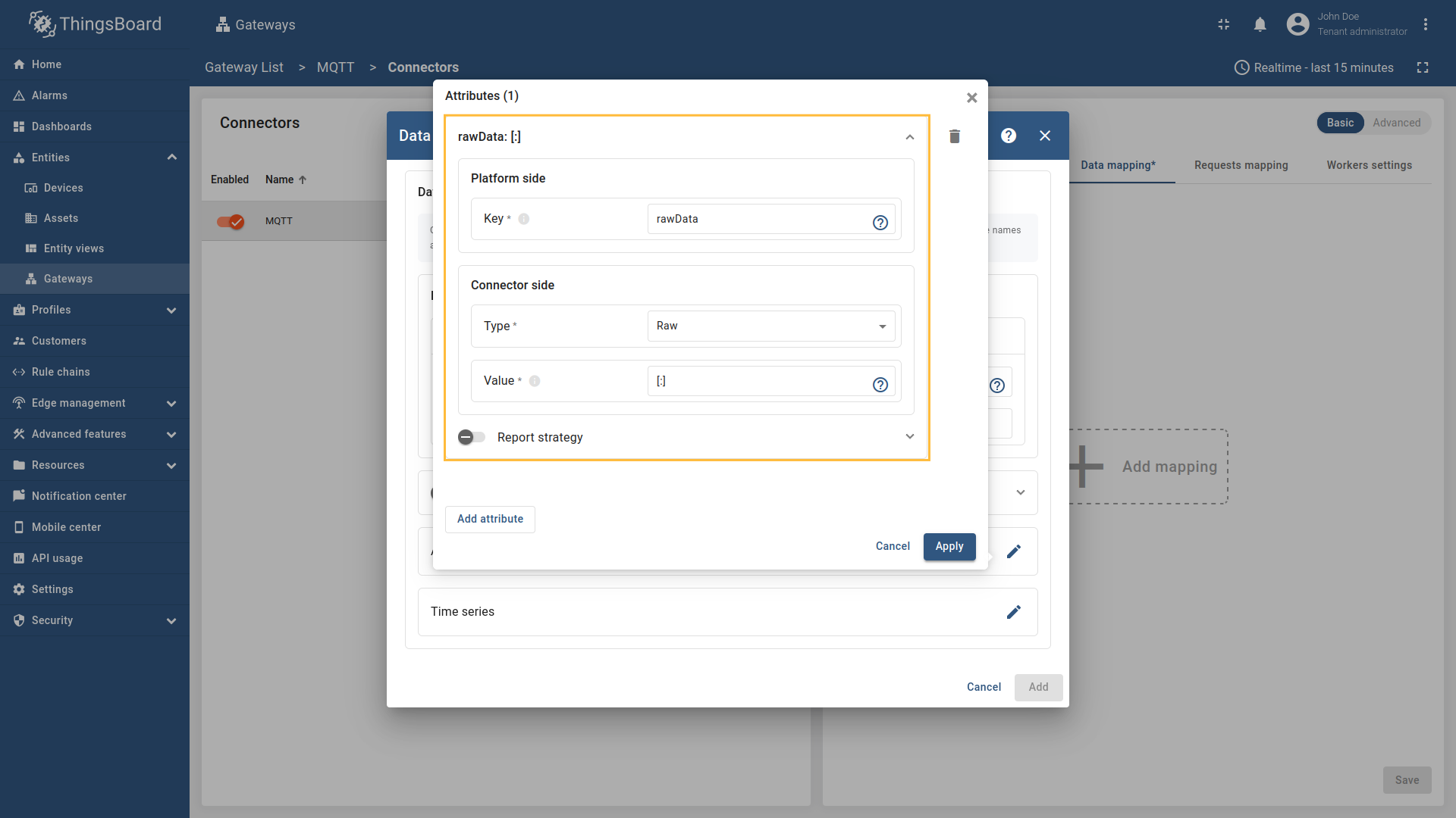 点击“添加属性”按钮。“键”填 `rawData`，“类型”选 `Raw`，“值”填 `[:]`。这来自[切片](/docs/iot-gateway/config/mqtt/#slices)。