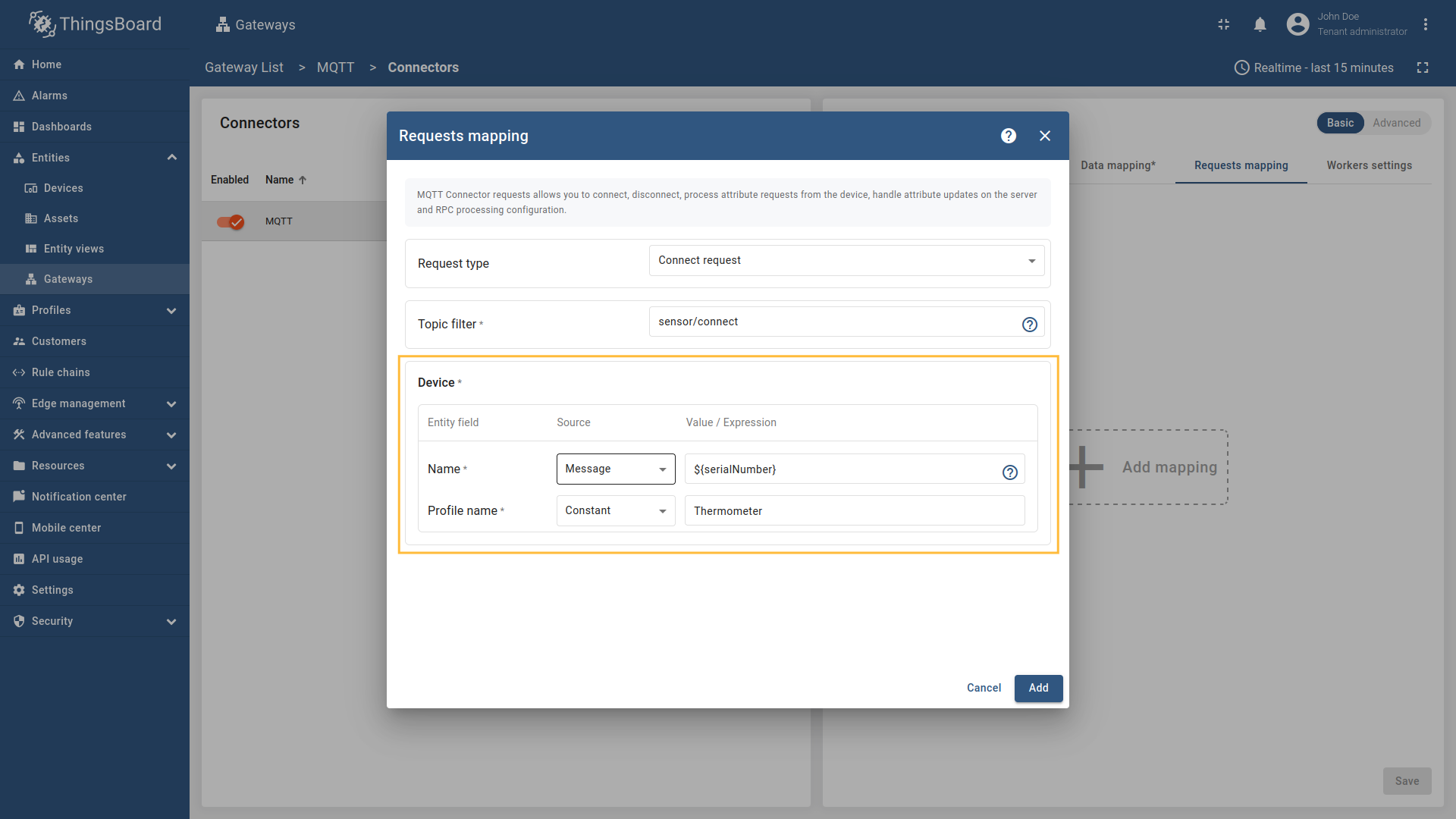 名称来源选 `Message`，配置文件名称来源选 `Constant`。值中设备名填 `${serialNumber}`，设备配置填 `Thermometer`。