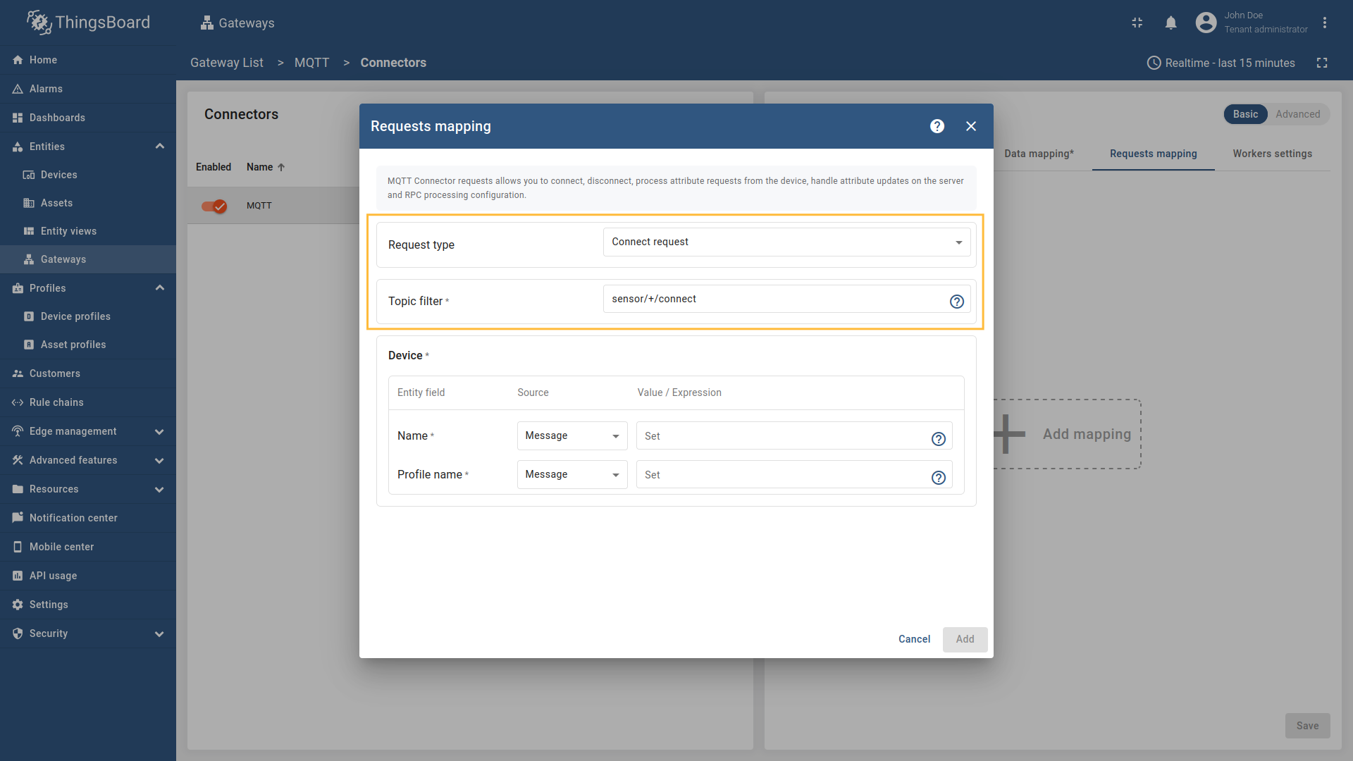 在请求类型中选择 `Connect request`，将“主题过滤器”填为 `sensor/+/connect`。