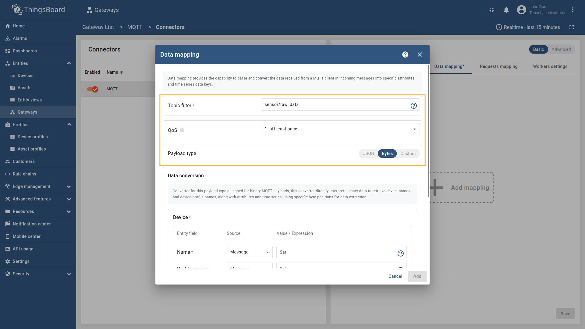 在打开的窗口中，“主题过滤器”填 `sensor/raw_data`，“QoS”填 `0`、`1` 或 `2` 之一，“负载类型”选 `Bytes`。