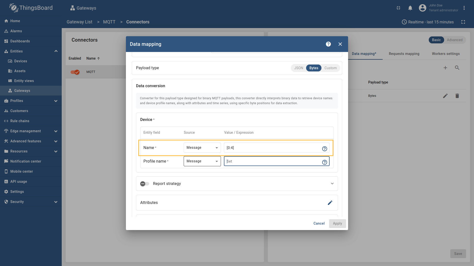 在“设备”子部分，“名称”字段选“Message”，填 `[0:4]`，这些是用于提取设备名的 [切片](/docs/iot-gateway/config/mqtt/#slices)。