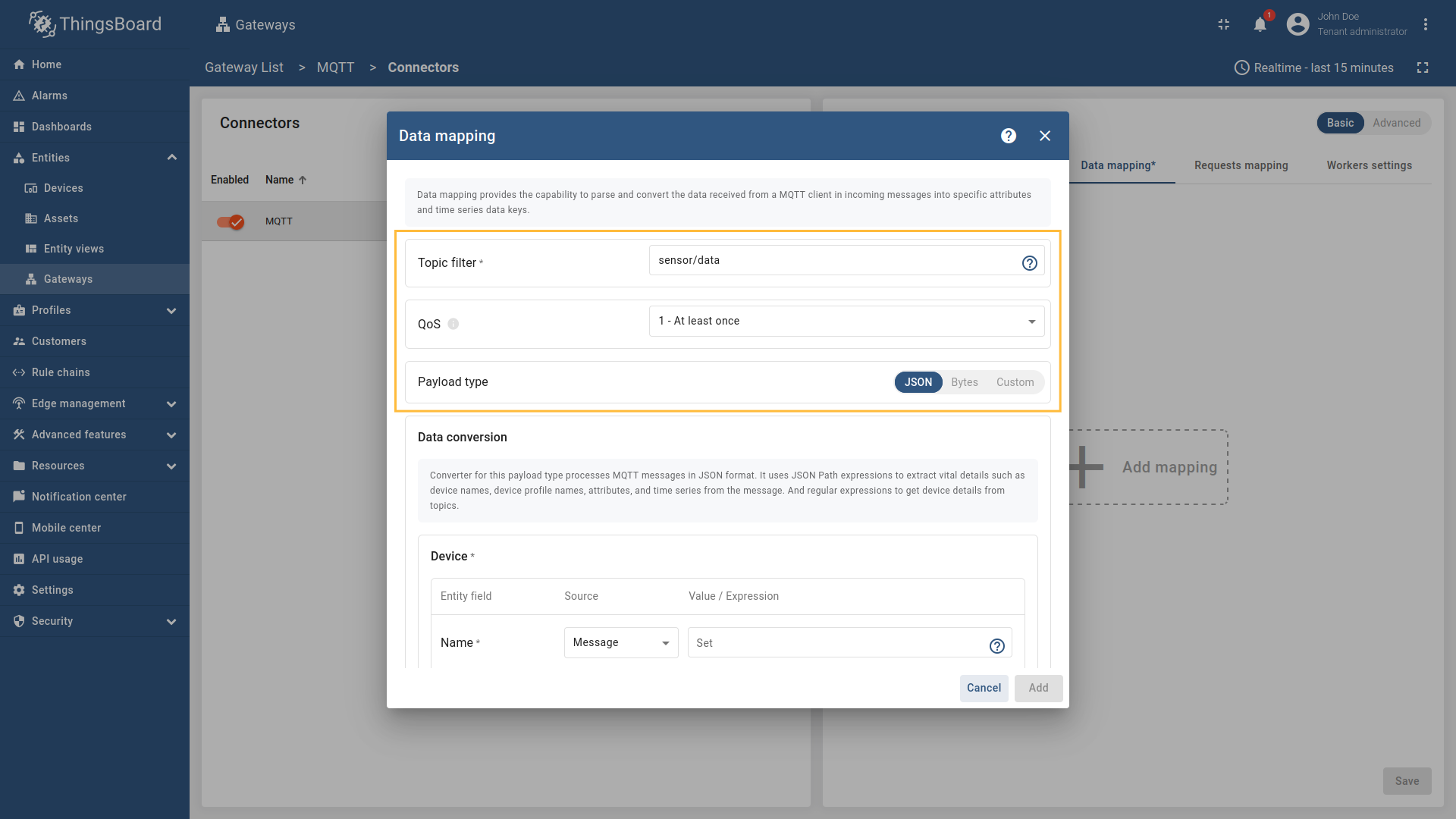 在打开的窗口中，“主题过滤器”填 `sensor/data`，“QoS”填 `0`、`1` 或 `2` 之一，“负载类型”选 `JSON`。