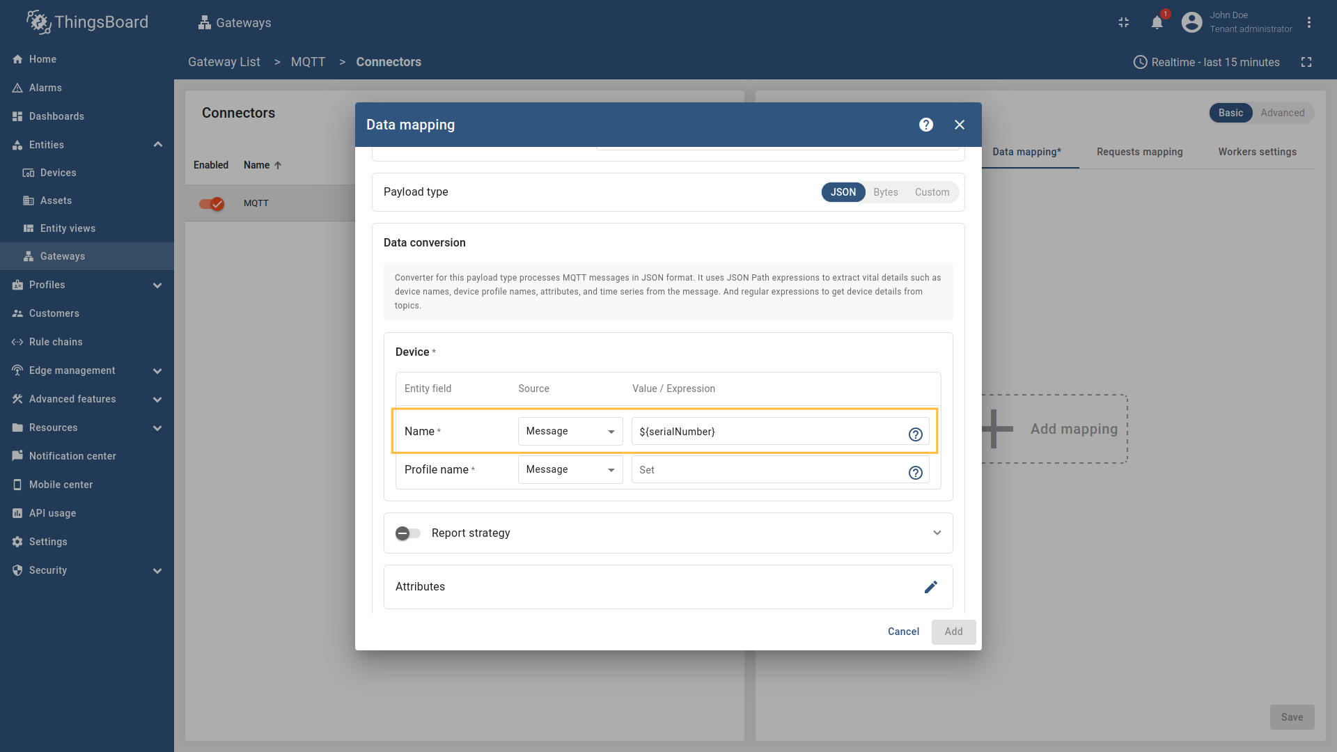 在“设备”子部分，“名称”字段选“Message”，填 `${serialNumber}`，这是 [json path](/docs/iot-gateway/config/mqtt/#json-path) 指向包含设备名的字段。