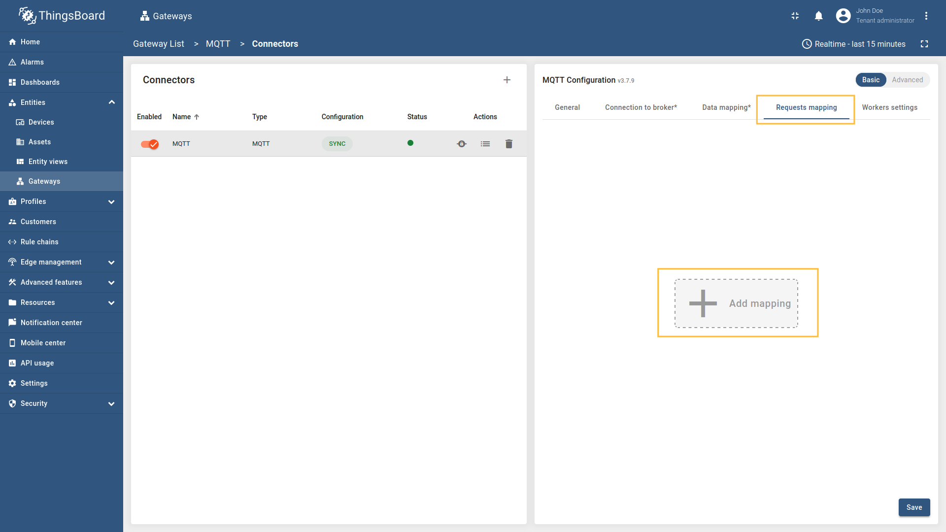 选择 MQTT 连接器，点击“基本”。在“请求映射”下点击“添加映射”以添加新的连接请求映射。