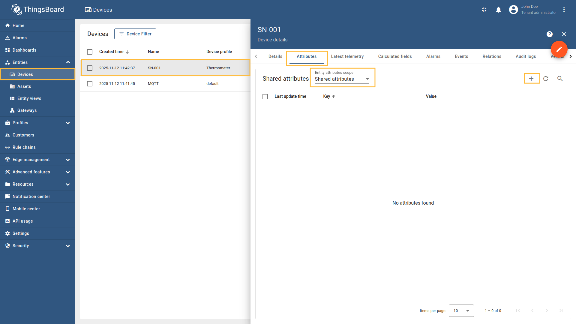 进入“设备”→选择设备 `SN-001`→“属性”标签→选择“共享属性”
