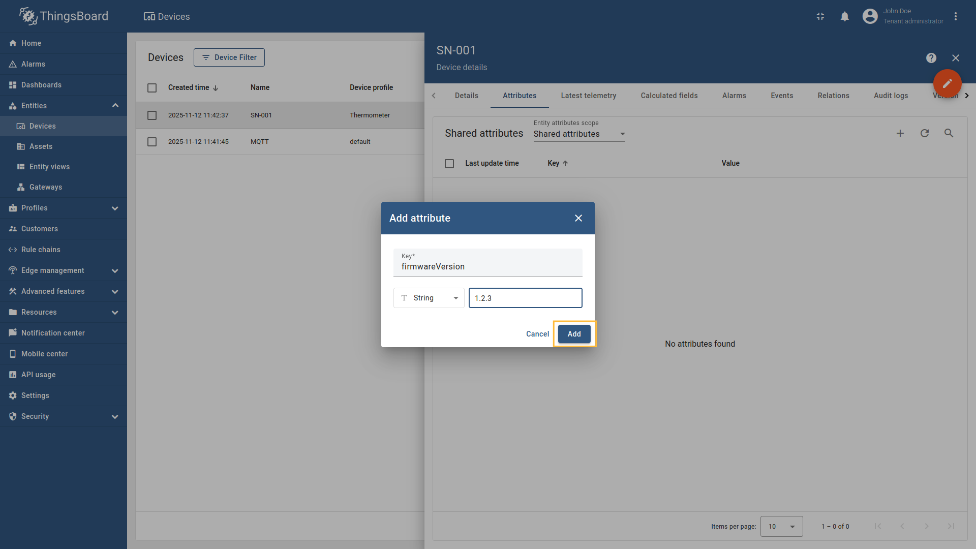 添加 `firmwareVersion` 属性，类型为“字符串”，值设为 "1.2.3"。