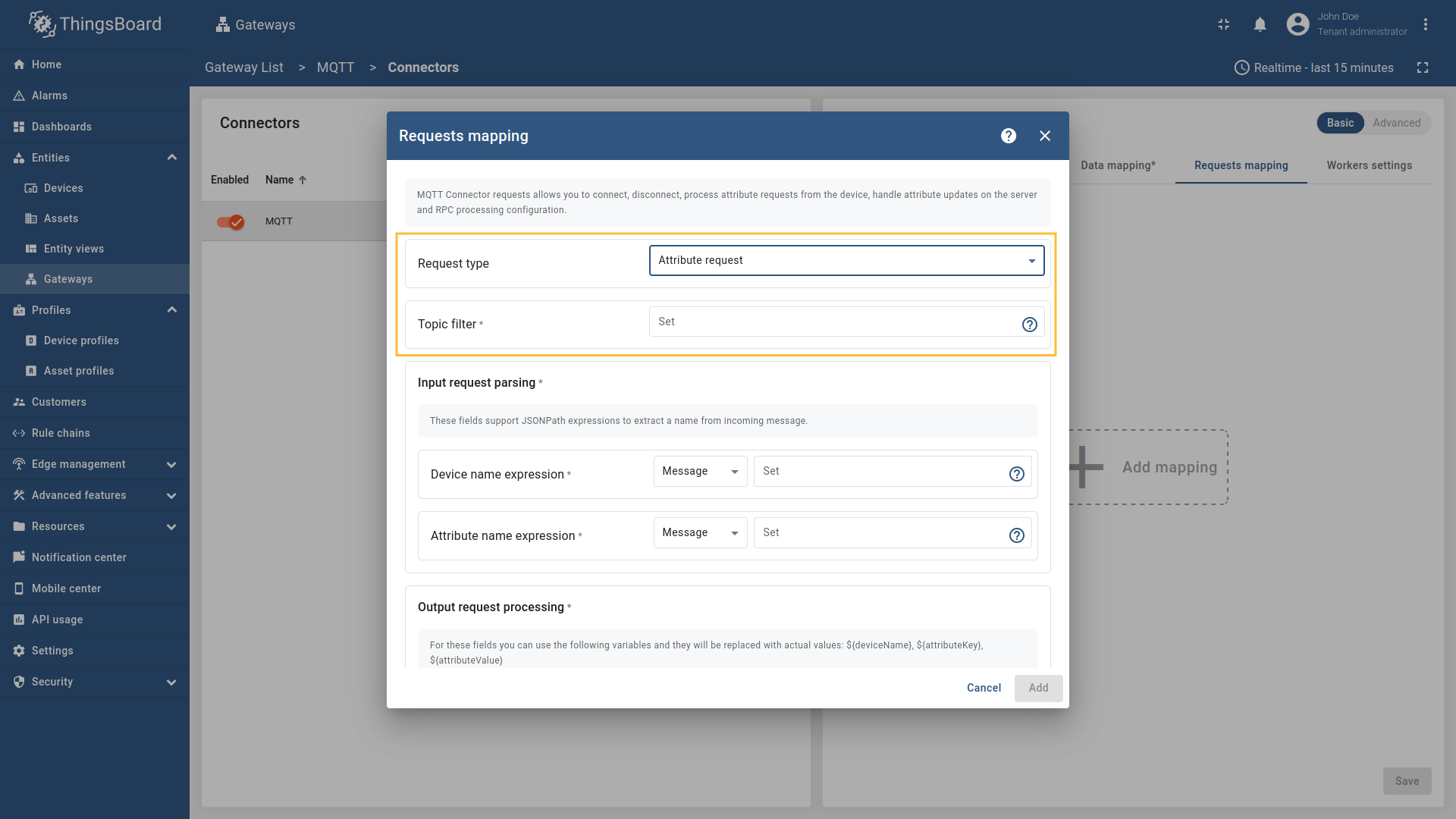 在 Request type 字段选择 "Attribute request"，输入 "Topic filter"