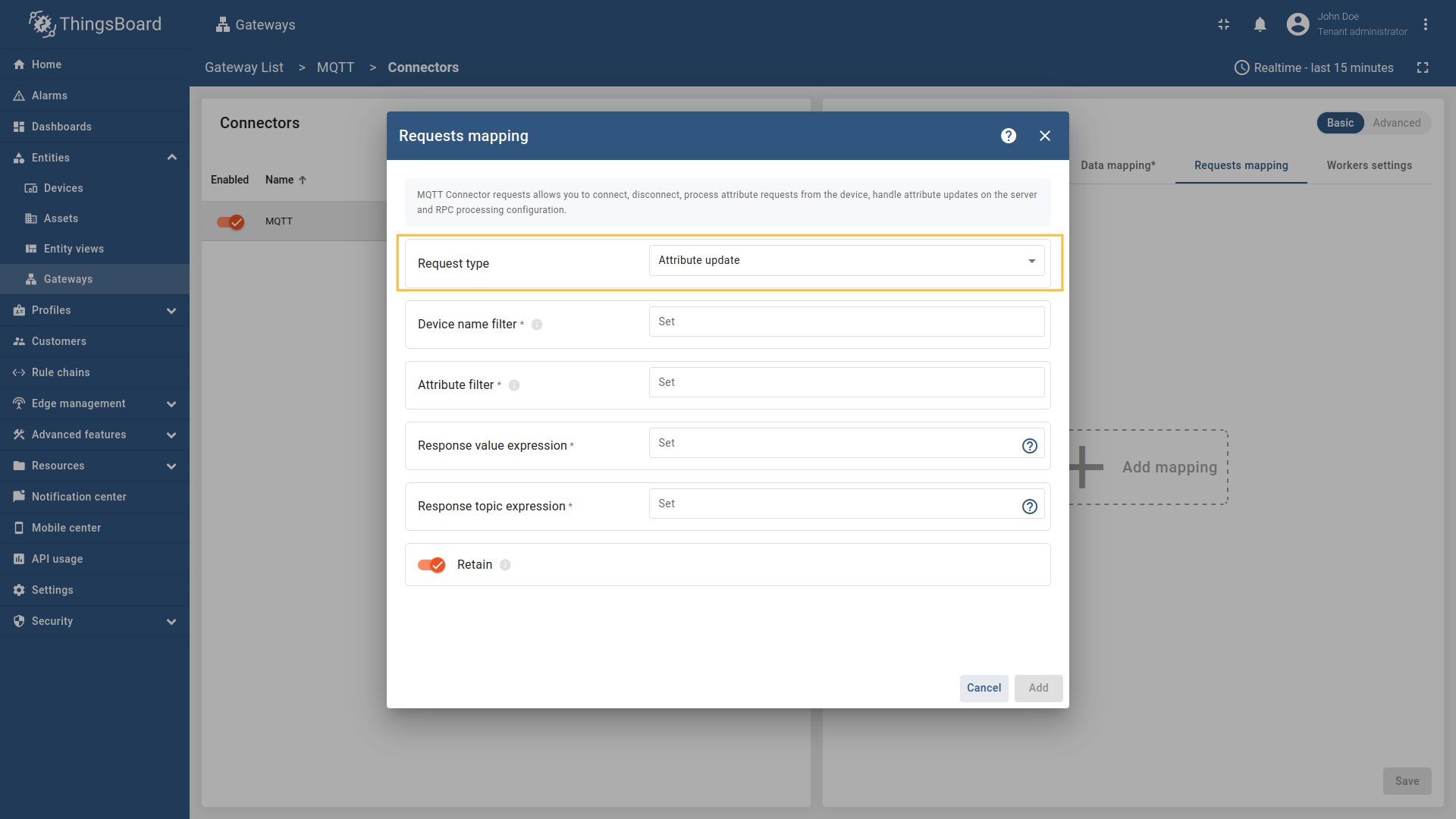 在 Request type 字段选择 "Attribute update"，输入 "Device name filter"