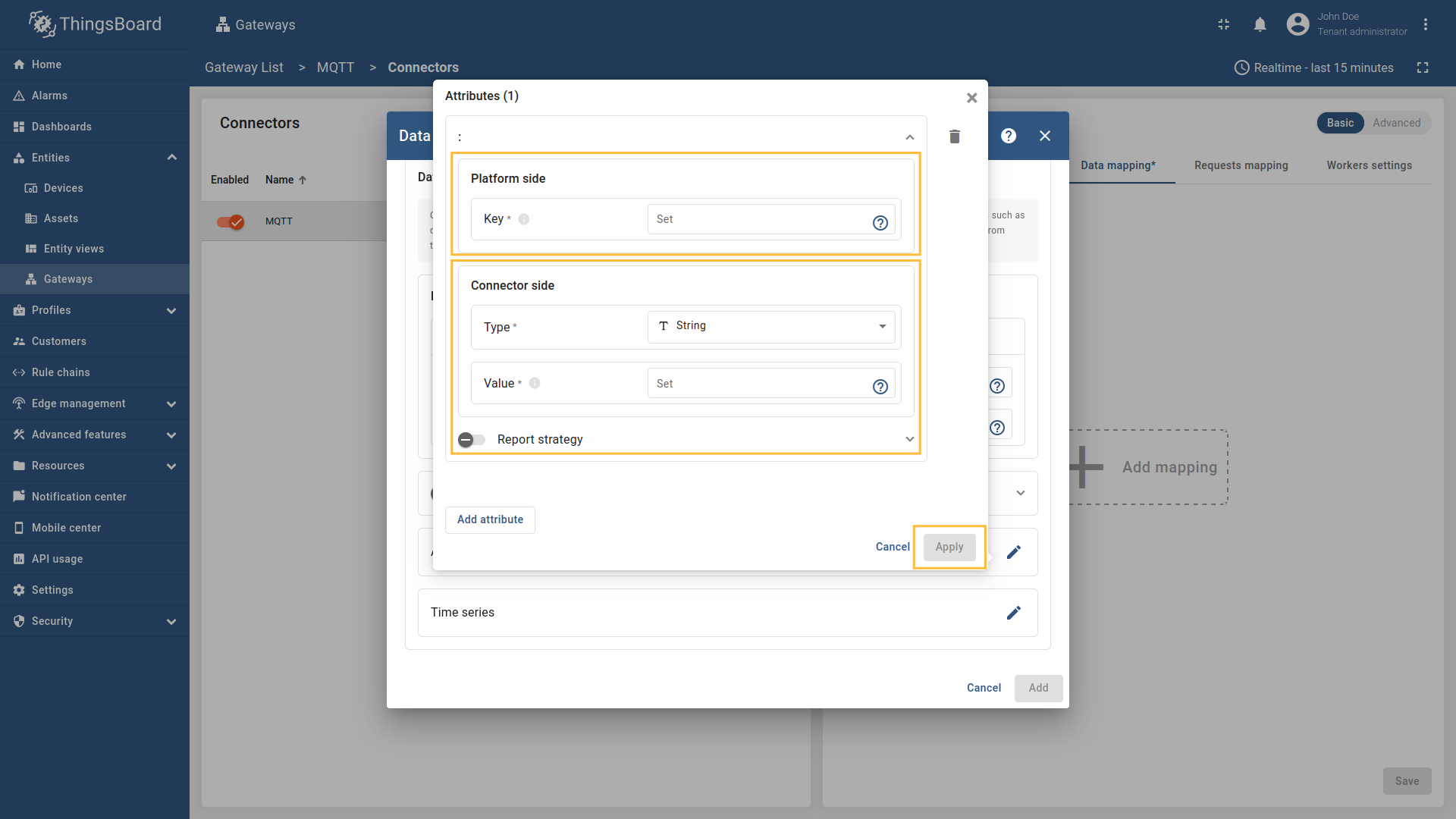 填写"Key"字段，选择"Type"（可为 `string`、`boolean`、`integer`、`double`，若 Payload type 为 `Bytes` 则可为 `Raw`），填写"Value"并点击"Apply"；