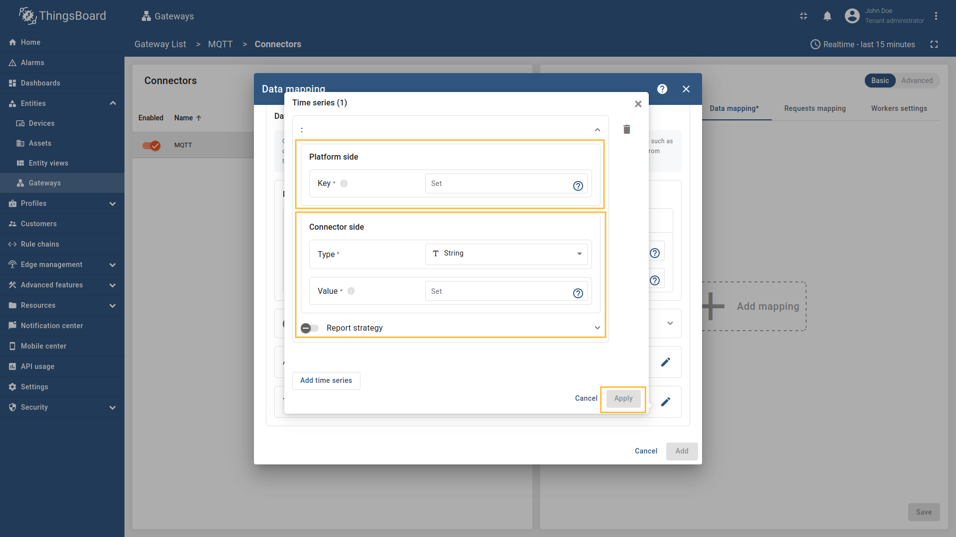 填写"Key"字段，选择"Type"（可为 `string`、`boolean`、`integer`、`double`，若 Payload type 为 `Bytes` 则可为 `Raw`），填写"Value"并点击"Apply"。
