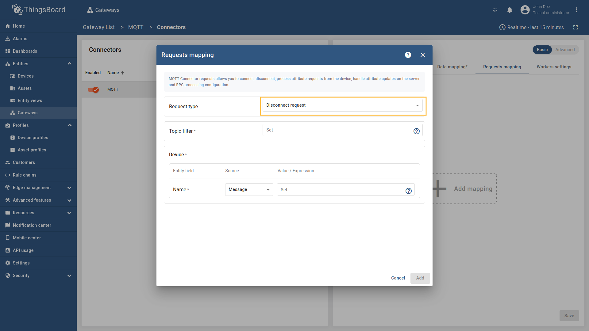 在 Request type 字段选择 "Disconnect request"，输入 "Topic filter"，并为 Name 字段选择来源类型（`Message`、`Topic` 或 `Constant`）。根据所选来源类型输入对应的 [json path](/docs/iot-gateway/config/mqtt/#json-path)、[regex](/docs/iot-gateway/config/mqtt/#regular-expressions) 或常量值。