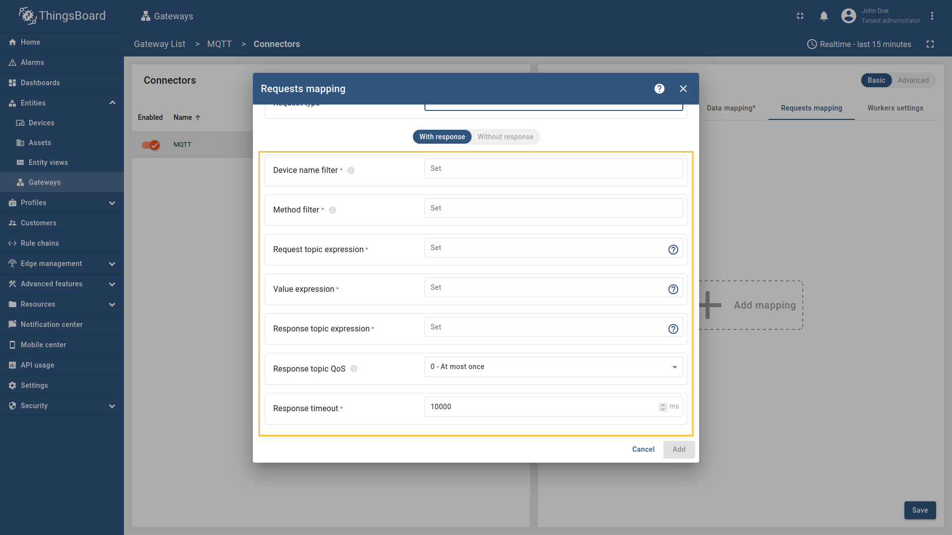 对于双向 RPC，还需配置 "Response topic expression"、"Response topic QoS" 和 "Response timeout"。完成后点击 "Add"。