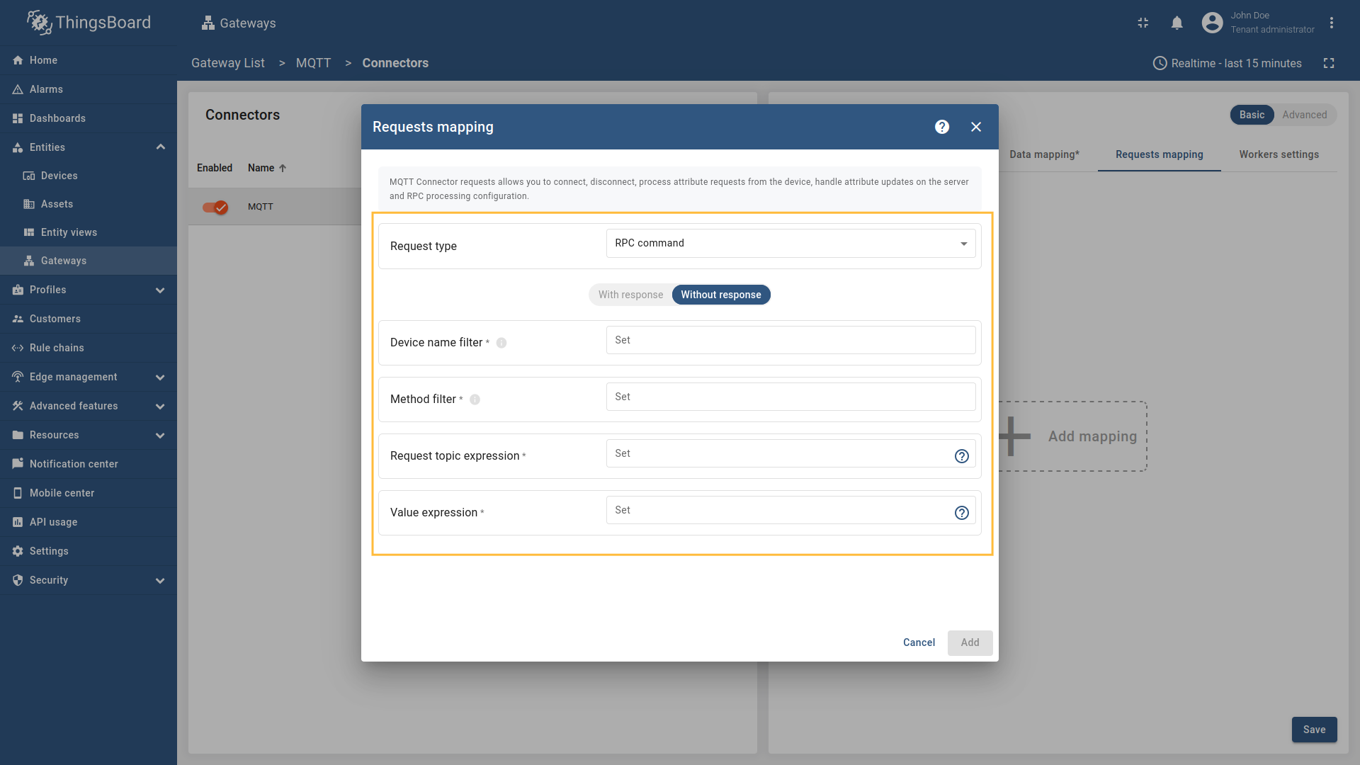 填写必填字段："Device name filter"、"Method filter"、"Request topic expression" 和 "Value expression"。