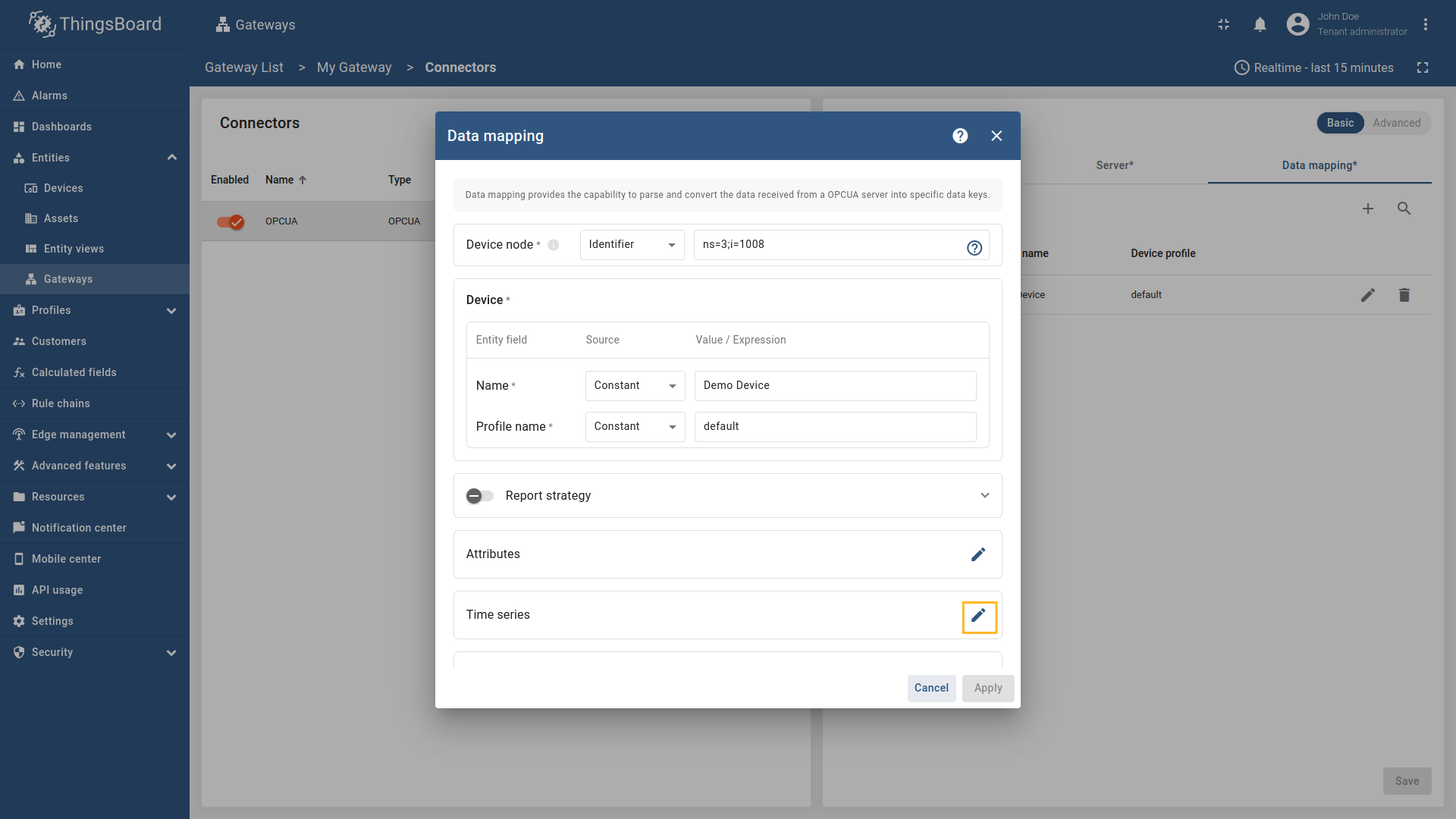 在打开的数据映射窗口中，点击“时序数据”或“属性”旁的“铅笔”图标。