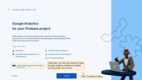 接下来是决定是否为本项目启用Google Analytics。您可以选择启用或禁用。做出选择后，点击"Continue"；