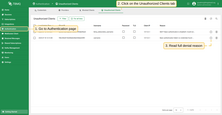 进入认证 > 未授权客户端页面，表格显示未通过授权的客户端。