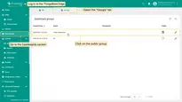 Log in to the <b>ThingsBord Edge</b>, go to the <b>Dashboards</b> section, and select the <b>"Groups"</b> tab. Click on the <b>public group</b>.