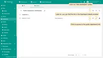 To create and configure the dashboards within this group, click the <b>"Add dashboard"</b> button. All dashboards will be automatically set as public. To access to the <b>public dashboard link</b>, click the corresponding button.