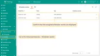 To confirm that <b>scheduler events</b> are assigned, log in to the <b>ThingsBoard Edge</b> and go to the <b>Advanced features > Scheduler</b> section.