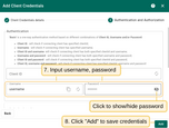 Input "username" and "password" with chosen values. Click "Add" to save credentials