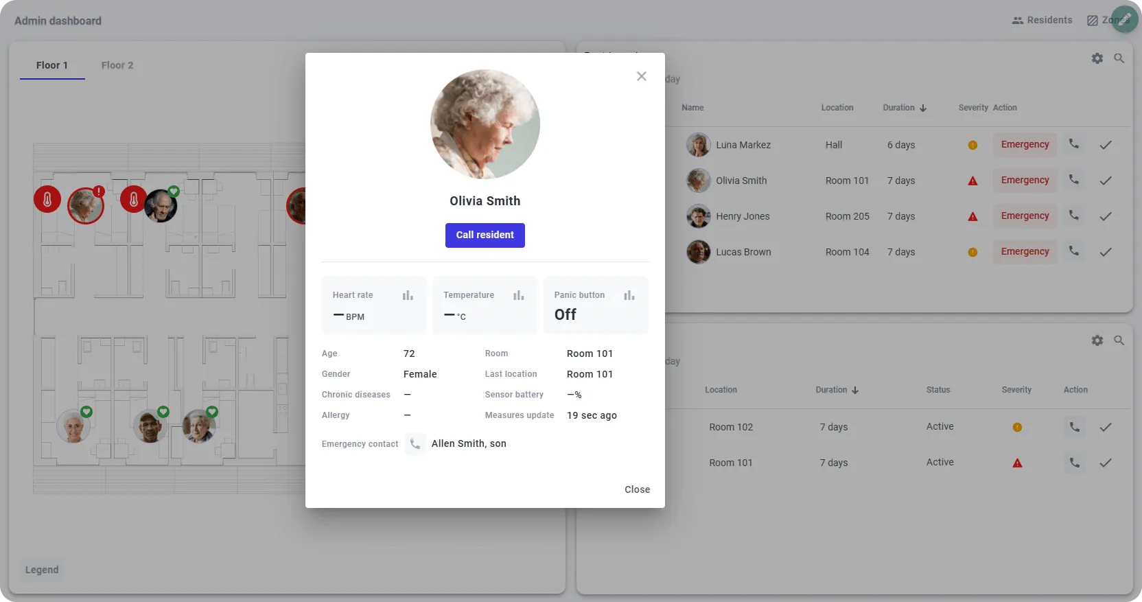 Assisted living dashboard with opened resident details