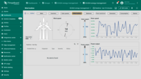 <b>Wind turbine</b>. Tracks wind turbine data: wind speed, rotor speed, and power output. Graphs show rotor speed and energy trends over time. Alerts notify users of issues like excessive vibrations or speed spikes.