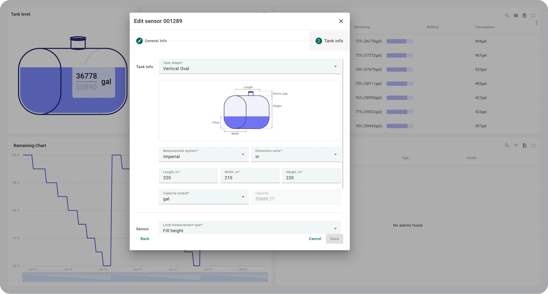 Interface to configure tank shape, size, and measurement system for accurate monitoring.