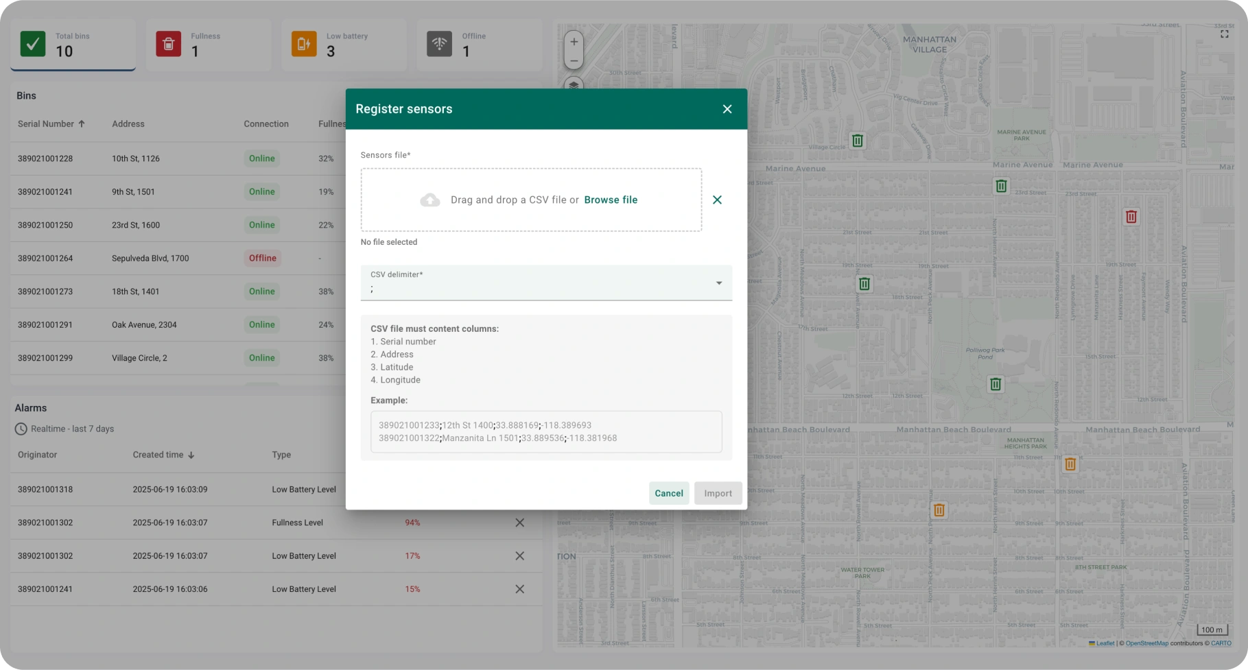 Sensor registration dialog for uploading CSV file with bin data in ThingsBoard
