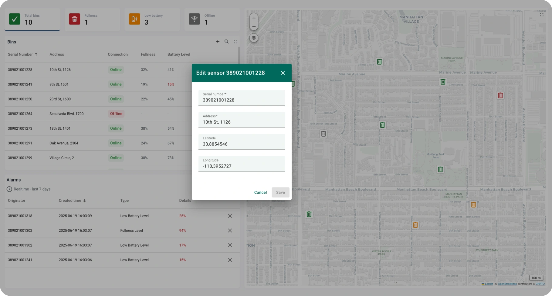 Edit bin sensor data including location and address in ThingsBoard