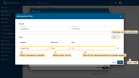 <b>配置filters</b>：<br>- <b>Operation</b>——比较运算符。<br>- <b>Value source</b>——选择以下之一。<br>- <b>Value</b>——指定要比较的值。<br>- 添加所有需要的filter后点击<b>Add</b>保存条件。