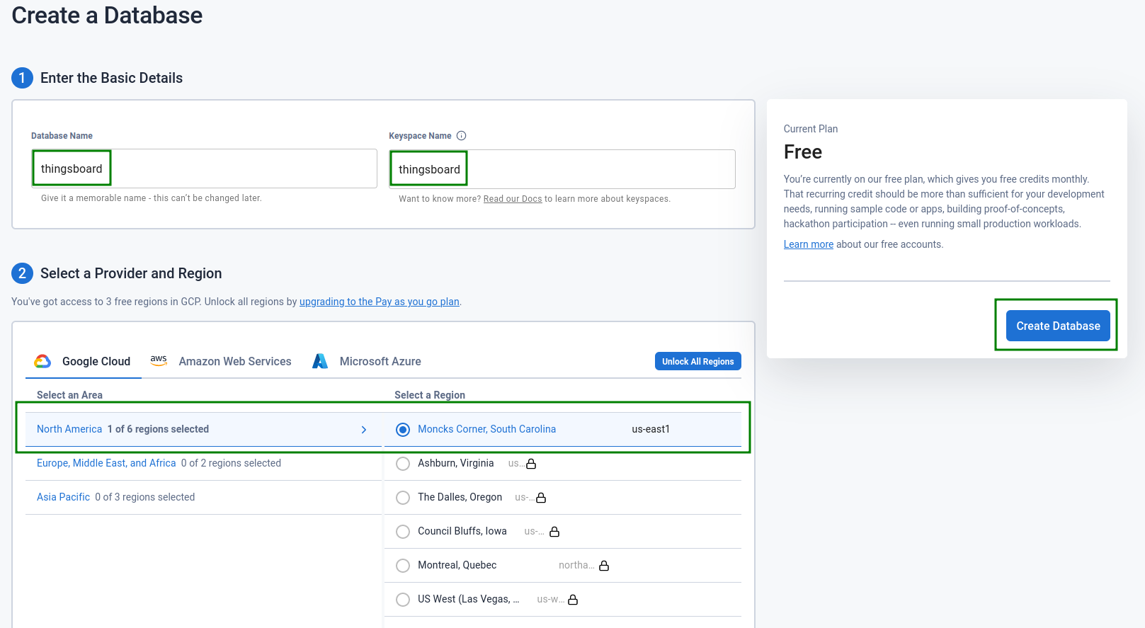 Fill database and keyspace name, choose location and click create