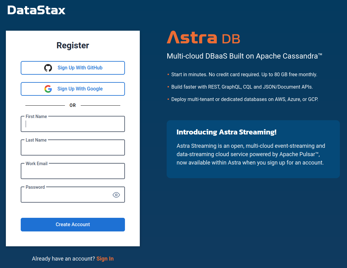 Register or sign in to Astra DB