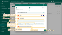 For the <b>Web</b> delivery method, you can add an <b>action button</b> to the notification:<br> - Enter the <b>button text</b>.<br> - Select the <b>action type</b> ("<b>Open dashboard</b>" or "<b>Open URL link</b>").<br>- <b>Specify the URL or dashboard</b> to be opened when the button is clicked.<br> You can also display the icon in the notification and set its color.<br> Then, click "<b>Next</b>";