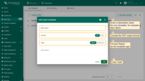 In the popup, fill out the following:<br>- <b>Name</b> it "<b>New alarm</b>".<br>- Choose <b>PDF</b> report <b>format</b>.<br>- Choose <b>Report</b> as the <b>template type</b>.<br>- Click "<b>Add</b>" to create the report template and open the <b>Report Builder</b> interface.