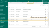 Go to the "<b>Templates</b>" tab of the "<b>Notification center</b>" page, find the "<b>New alarm notification</b>" template, and <b>click on it</b> to open it for editing.