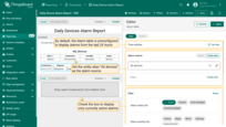 - By default, the Alarm table is preconfigured to display alarms from the <b>last 24 hours</b>.<br>- Set the entity alias <b>All devices</b> as the <b>alarm source</b>.<br>- In the <b>Filters</b> section, check the box to display only currently active alarms.