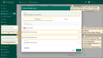 In the scheduling dialog: give your schedule event a clear title, e.g., <b>Daily Devices Alarm Report for Customer A</b><br>. – Select the previously created <b>Daily Devices Alarm Report</b> template.<br> – Specify the user account on whose behalf the report will be generated: <b>janesmith@thingsboard.io</b> (Jane Smith — Customer A administrator).
