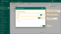 Now create another <b>template for the main report</b>. Go to "<b>Reports</b>" page → "<b>Templates</b>" tab, then click "<b>+ Add report template</b>".<br>- Name it "<b>Daily Device Alarms Report</b>", set the format to <b>PDF</b>, and choose "<b>Report</b>" as the template type. Click "<b>Add</b>".