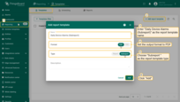 On the "<b>Templates</b>" tab of the "<b>Reporting</b>" page, click the "<b>+ Add report template</b>" button in the top-right corner and select "<b>Create new report template</b>". In the pop-up window, enter the subreport template name "<b>Daily Device Alarms (Subreport)</b>", select the <b>PDF</b> report format, and choose <b>Subreport</b> as the report template type. Click "<b>Add</b>".