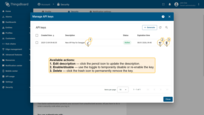 对每个API密钥，可执行以下操作：启用/禁用密钥、删除密钥或编辑其描述。