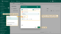 To share an asset group, check the "<b>Share entity group</b>" checkbox, select the customers and permissions. Then click "<b>Add</b>".