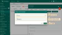 Select the new owner of the device from the list. If needed, add the device to an existing group or create a new one. Confirm the change to update the device's ownership.
