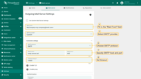 填写"Mail From"字段，选择SMTP提供商，然后进行连接设置：选择SMTP协议、指定SMTP服务器的主机和端口、设置超时；