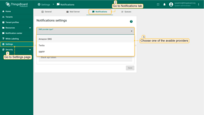 登录ThingsBoard UI。导航至"Settings"页面。然后进入"Notificatons"选项卡。在此窗口中选择可用提供商之一：AWS SNS、Twilio或SMPP；