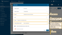 为操作输入名称，（可选）选择一个图标。对于操作类型，从下拉菜单中选择"导航到新仪表板状态"。指定"目标仪表板状态"，该状态将显示所选设备的详细温度数据。