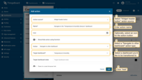 在此手册示例中，选择"部件标题按钮"作为操作源。为操作输入名称并选择一个图标来代表按钮。使用此图标将执行操作。从"操作"下拉菜单中选择"导航到其他仪表板"操作类型。选择操作类型后，将出现"目标仪表板状态"下拉菜单。选择您要转换到的仪表板。请注意，您还可以导航到所选仪表板的现有状态。选择所需的仪表板后，单击"添加"按钮。
